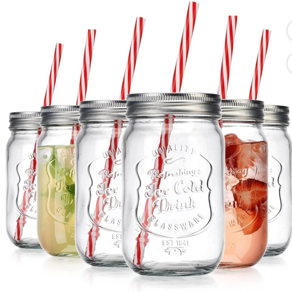 New Box Set 6 Mason Glass Drinking Mug Jars 15 Oz Lids Recycled Striped Straws